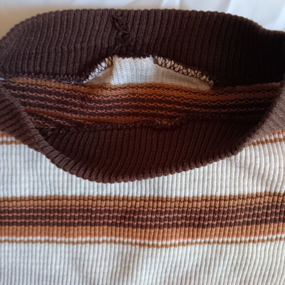 Vintage Boys 6-8 T-shirt 1970's Brady Bunch Brown Tan Striped Ribbed Knit Groovy - Picture 4 of 6